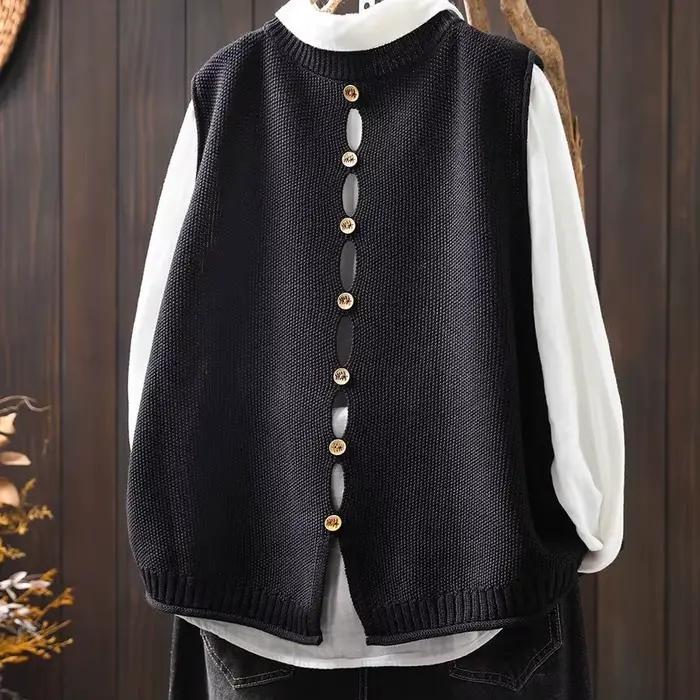 Gilet tricoté en fil de coton ample pour femmes, style décontracté, automne hiver, bouton arrière, col rond, polyvalent, confortable et élégant