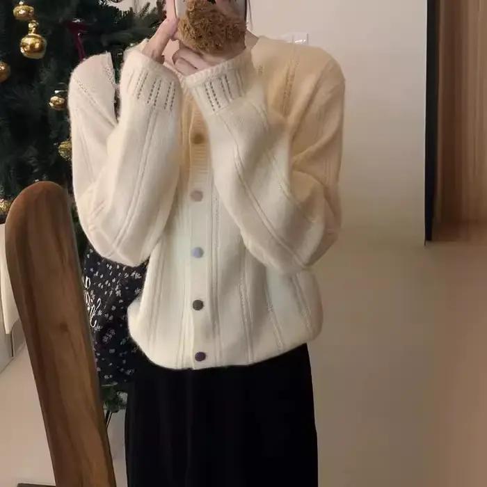 Femmes tricoté pull torsadé creux automne hiver Chic ample à manches longues Cardigan hauts Vintage solide