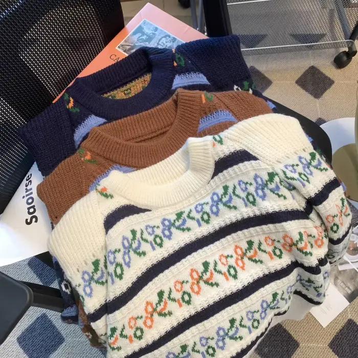 Faire l'édition han couleur rayure broderie épaule droite slams pull femme design sentiment doux vent d'automne nouveau fonds sh