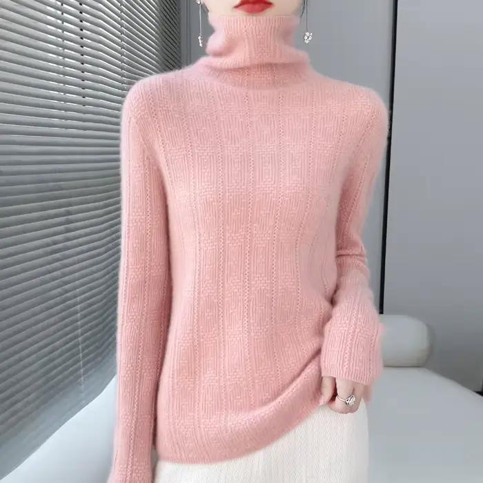 100% laine cachemire pull femmes col roulé à manches longues hauts tricotés pulls automne hiver décontracté vêtements