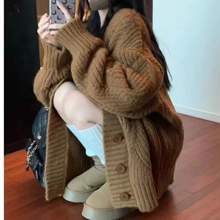 Veste pull pour femme, Cardigan tricoté ample rétro, automne et hiver
