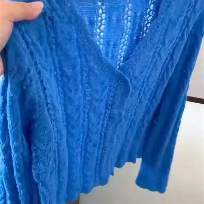 Cardigan bleu délicat à volants pour femme, coupe ample, style décontracté, printemps et automne, col en V, polyester, simple boutonnage, occassions spéciales