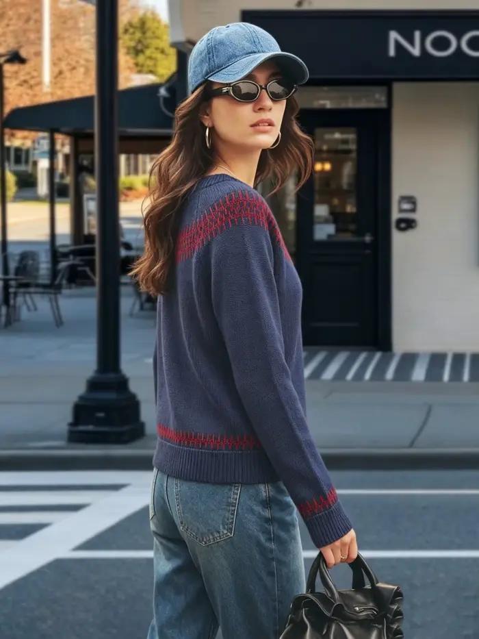 Pull en tricot à motifs géométriques bleu marine et rouge pour femme, col rond, manches longues, coupe ample, style fashion, printemps et automne