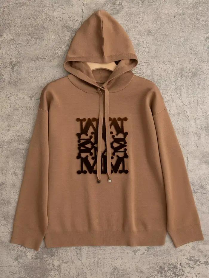 Lettre Jacquard femmes tricot pull à capuche 100% laine 5 couleurs ample décontracté dame cordon