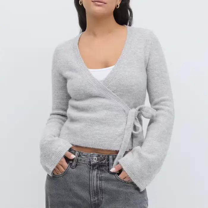 Cardigan portefeuille à nouer sur le devant pour femme, haut Y2K, couleur unie, col en V, manches longues, pull court en tricot, vêtements décontractés pour l'hiver et l'automne