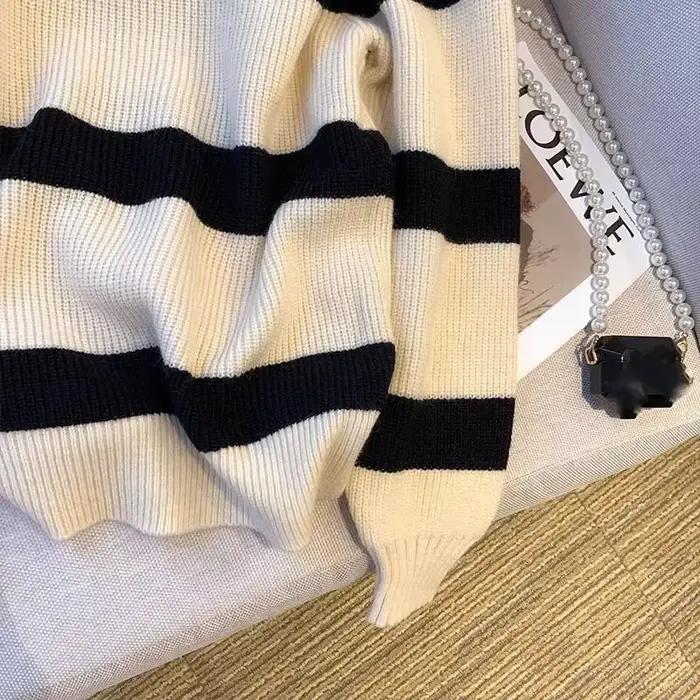 Smvp femmes col rabattu rayé pull Vintage ample à manches longues tricots femme automne hiver chaud tricoté