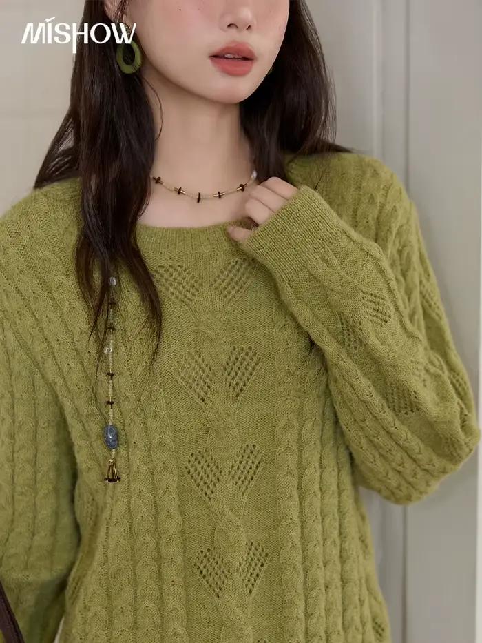 MISHOW pull pour femme 2025 automne hiver vert rétro corde torsadée conception creuse haut en tricot ample luxe banlieue MXE49Z2520