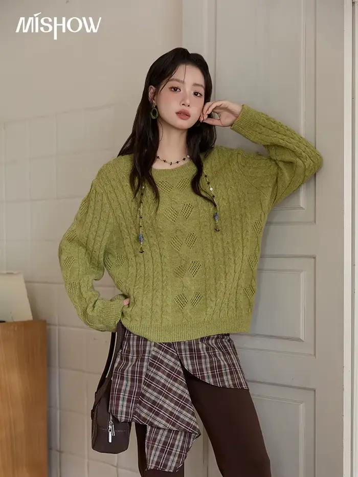 MISHOW pull pour femme 2025 automne hiver vert rétro corde torsadée conception creuse haut en tricot ample luxe banlieue MXE49Z2520