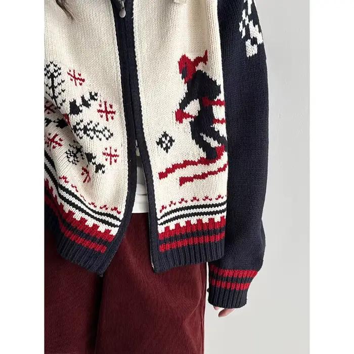 Pull rétro Jacquard à Double fermeture éclair pour femme