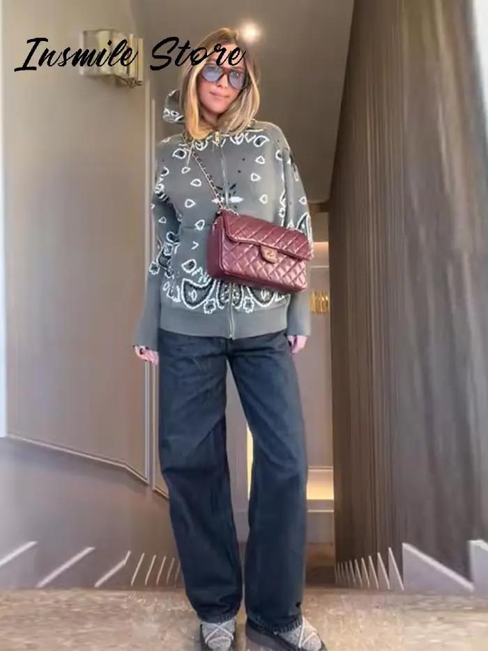 Mode tricot Jacquard Cardigan femmes gris col montant fermeture éclair manches longues pull 2026 printemps dame décontracté rue tricots nouveau