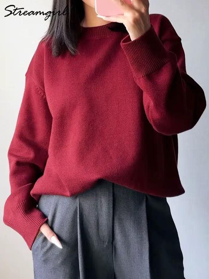 Pull basique surdimensionné bordeaux pour femme