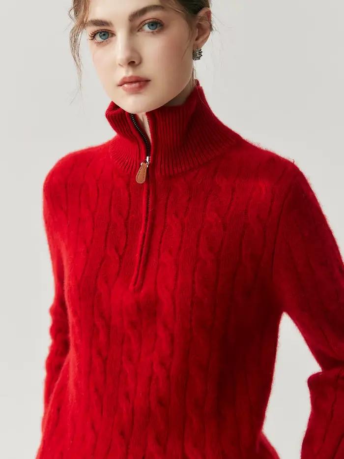 Pull en cachemire torsadé Huashan pour femme, col montant, demi-fermeture éclair, tricoté, chaud, automne et hiver, coupe ample, style bureau dame, manches longues, option couleurs blanche, bleue, grise, rouge