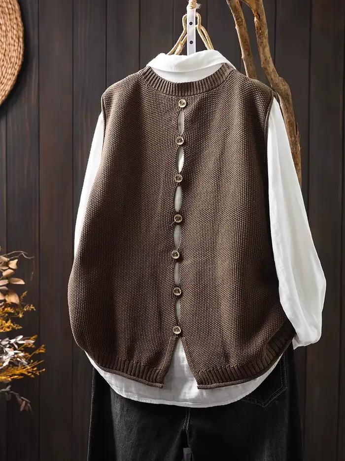 Gilet tricoté en fil de coton ample pour femmes, style décontracté, automne hiver, bouton arrière, col rond, polyvalent, confortable et élégant