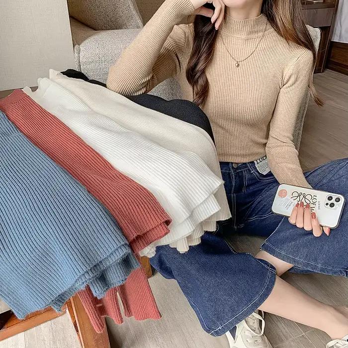 Automne hiver col montant femmes pull Vintage basique solide tricoté hauts décontracté mince