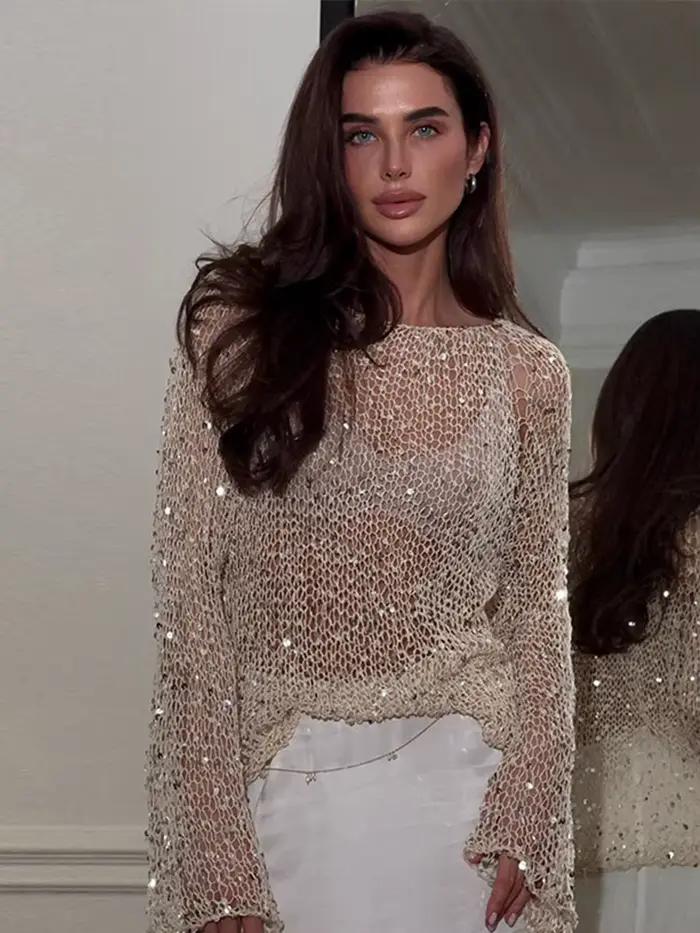 Pulls en tricot évidés à paillettes pour femmes