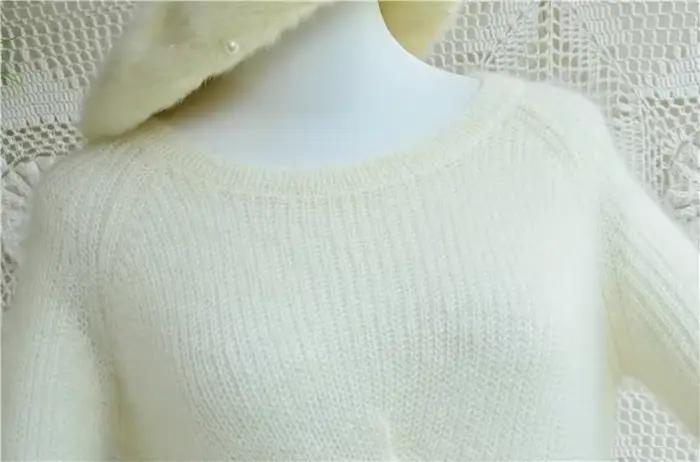 Dames femmes printemps automne poilu pelucheux mohair mode style court fendu col rond pull angora chèvre laine