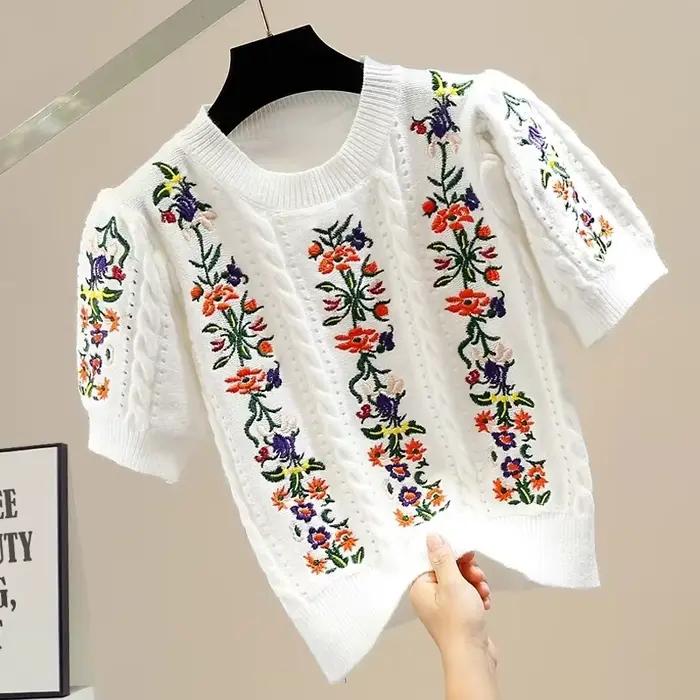 Pull brodé à manches bouffantes et col rond pour femmes, haut vintage et élégant, tricot chic à la mode, été, style floral, artisanat tricoté
