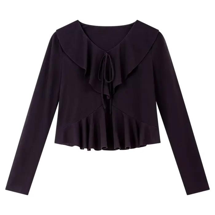 Pull-over col en V décontracté avec volants et lacets pour femmes élégant style français pour printemps 2026 occassions multiples