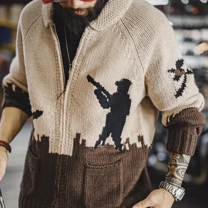 Maden hommes rétro brodé chasse Cardigan zippé pull kaki tricot veste décontracté doux chaud manteau automne hiver mâle vêtements