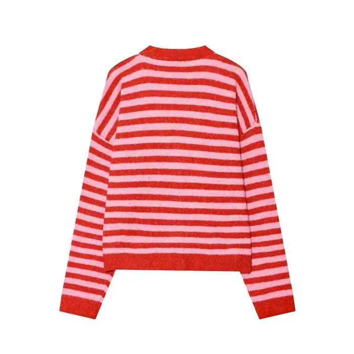 Cardigan à rayures rouges pour femme, col en V, simple boutonnage, ample et décontracté, idéal pour l'automne et l'hiver, pour les journées de travail et les sorties avec des amis