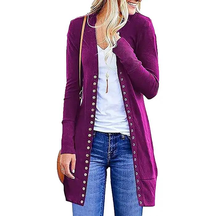 Cardigan en polyester tricoté ample et ajusté style européen et américain pour femmes, vêtement extérieur décontracté et polyvalent à manches longues pour toutes les saisons et les occasions quotidiennes
