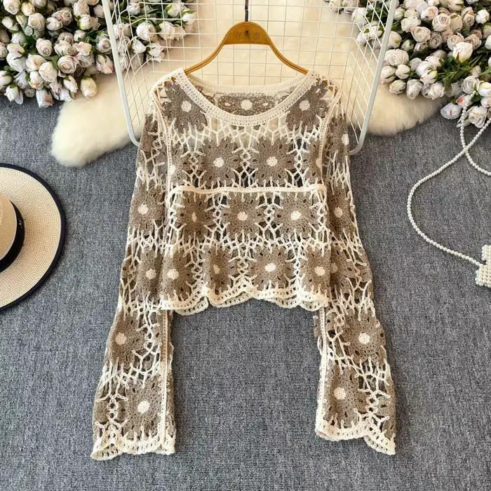 Daisy Crochet Tricot Pull À Manches Longues Sheer Open-knit Crop Top