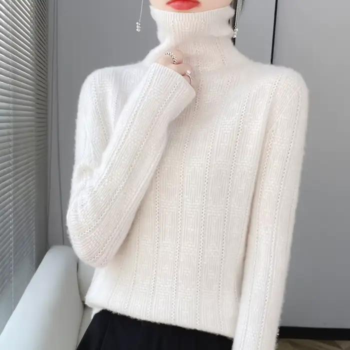 100% laine cachemire pull femmes col roulé à manches longues hauts tricotés pulls automne hiver décontracté vêtements