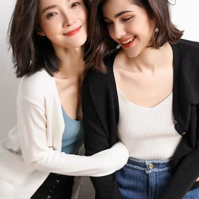 Cardigans femmes 2025 automne simple boutonnage col en v tricoté pull mode court tricots solide bleu vert rose