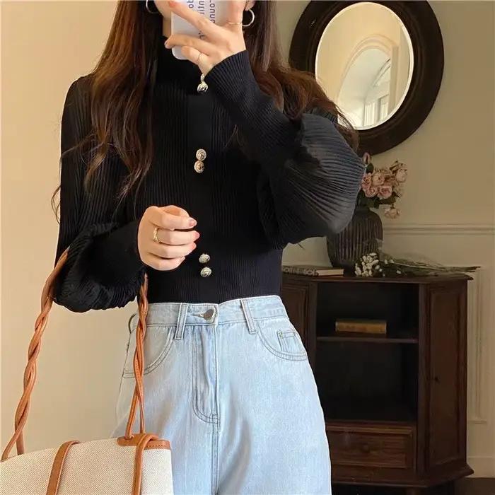 Pull à col roulé en dentelle à manches longues pour femmes