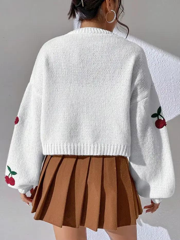 Cardigan tendance à épaules tombantes avec motif brodé cerise