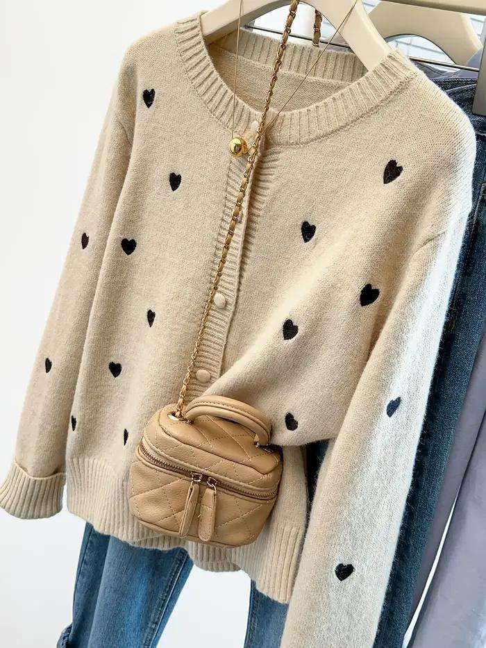 Cardigan pour femme avec broderie en forme de cœur pull en tricot boutonné sur le devant manteau décontracté et élégant pour l'automne et l'hiver