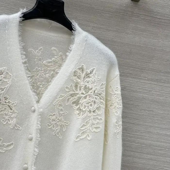 100% cachemire 2025 hiver nouvelle mode broderie dentelle florale tricot tricoté cardigan à manches longues femmes vêtements féminins