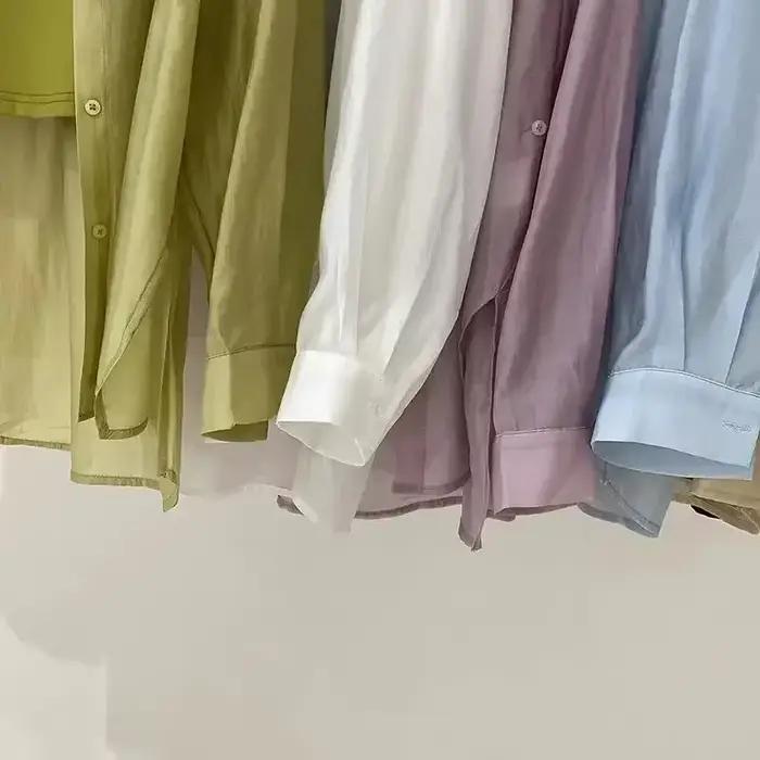 Chemises décontractées en maille fine pour femmes, style coréen, polyester transparent, col rabattu, occaseions estivales et décontractées