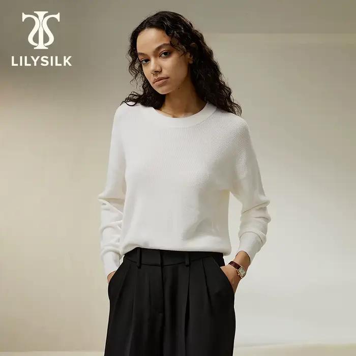 LILYSILK Pull ultra-fin en laine mérinos pour femme à col rond avec épaule tombante pour un usage quotidien