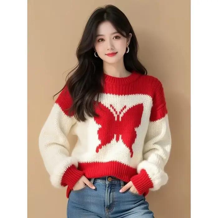 Pull papillon contrasté rouge et blanc pour femmes