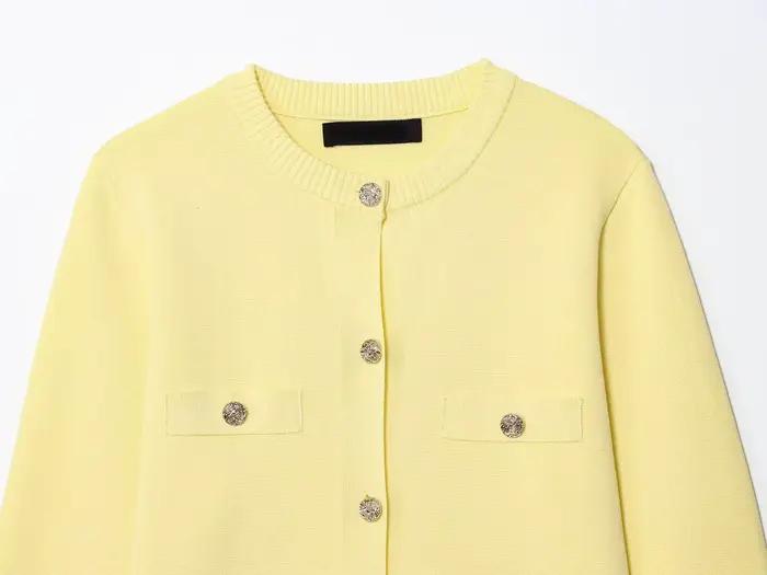 Automne jaune pull Cardigan femmes nouveau col rond simple boutonnage