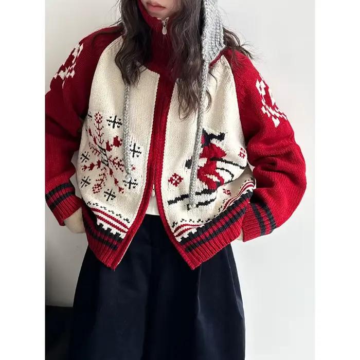 Pull rétro Jacquard à Double fermeture éclair pour femme