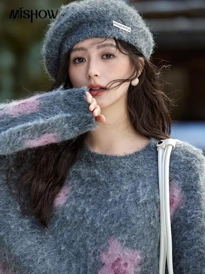 Pull Mishow à col rond en fil de laine pour femme, pull à fleurs en peluche, vêtement chaud et polyvalent, manches longues pour hiver occasion bureau