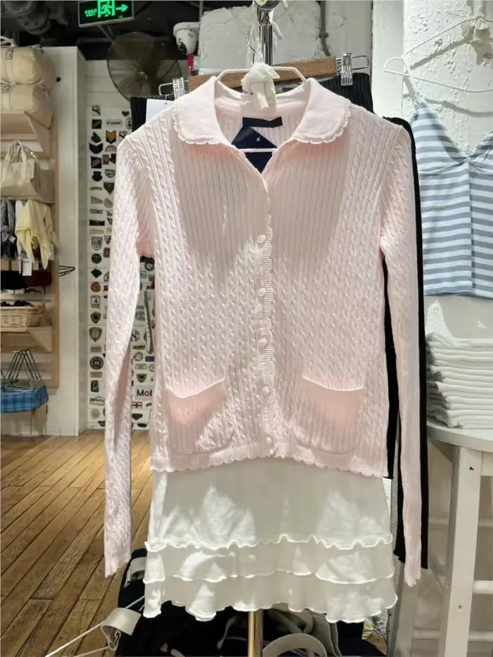 Cardigan Torsadé Rose à Col de Poupée Pour Femme Style Préppy Y2K Nouvelle Collection Automne Doux et Mignon Occasions Spéciales