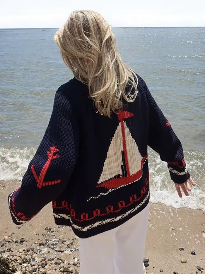 Pull en tricot jacquard à motif voilier pour femme, élégant, à revers, manches longues, avec empiècements, coupe ample, style cardigan, nouvelle collection automne, tricot pour femme