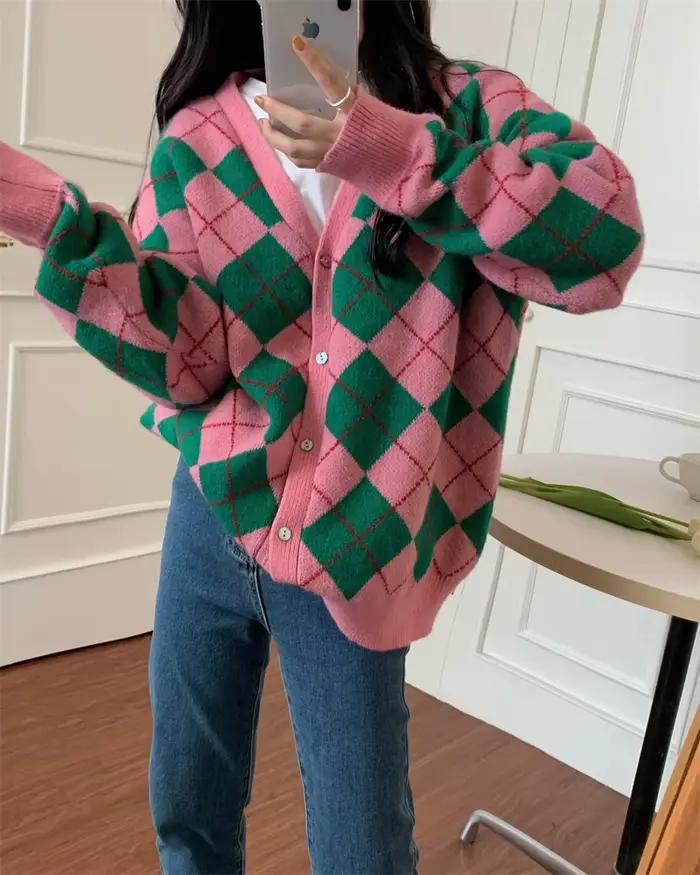 Cardigan à carreaux de diamants pour femmes