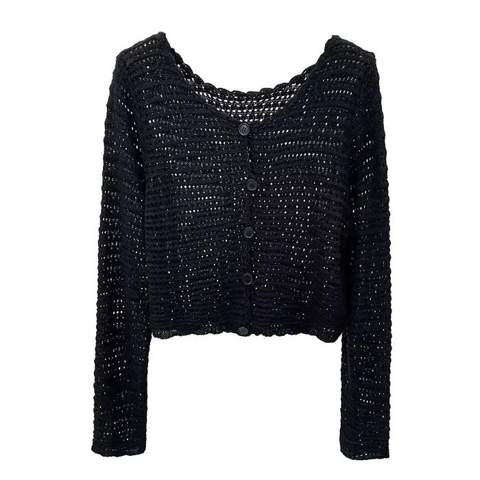 Pointelle tricot Cardigan pour femmes à manches longues simple boutonnage pull veste culture ajouré Cardi haut femme basique tenue quotidienne