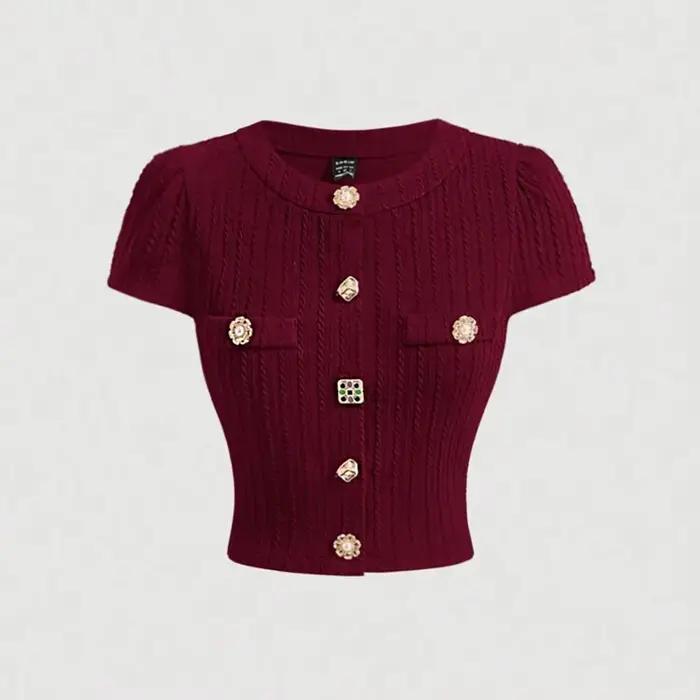 Nouveau cardigan en maille bordeaux rétro élégant de style européen et américain 2026 - Haut ajusté à manches courtes