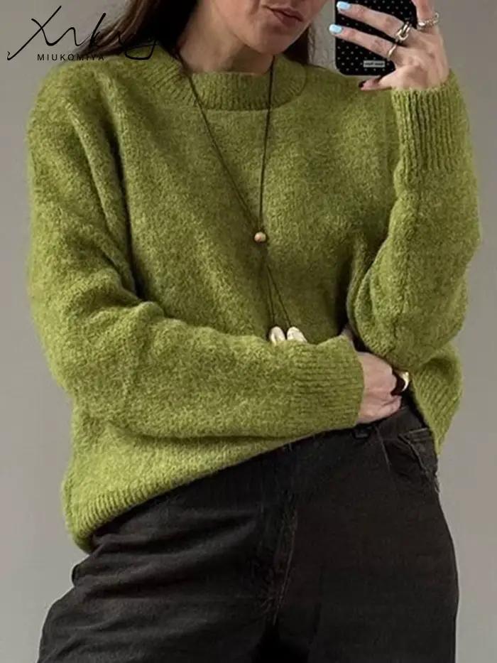 Pull d'hiver pour femme 2025 pulls chauds col rond tricots pulls en tricot ample chandails marron de base pour les femmes hiver rose