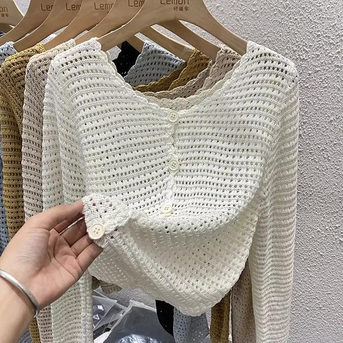Pointelle tricot Cardigan pour femmes à manches longues simple boutonnage pull veste culture ajouré Cardi haut femme basique tenue quotidienne