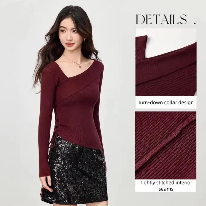 Pulls pour femmes SENTUBILA Automne 2026 – Hauts en maille ajustés avec cordon de serrage latéral et col asymétrique rabattable W53HA3051