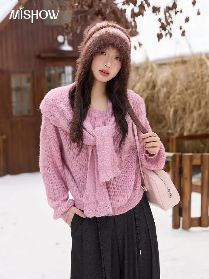 pull Mishow ample et décontracté pour femmes, automne hiver, manches longues, col rond détachable, laine acrylique nylon polyester, confort bureau soirée