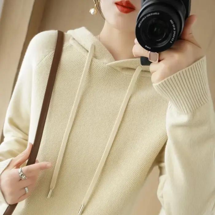 Pull décontracté et épaissi pour femmes, coupe ample, polyester et coton, automne hiver, à capuche, tricoté, lâche, pulls mode coréenne pour occasions spéciales