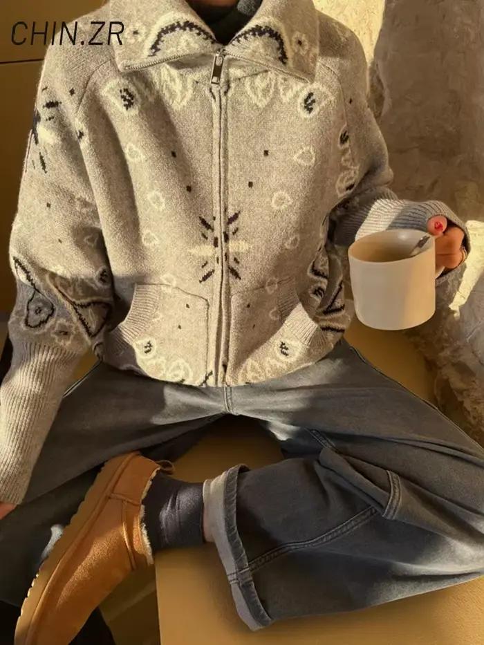 Cardigans à col montant en tricot Jacquard pour femme