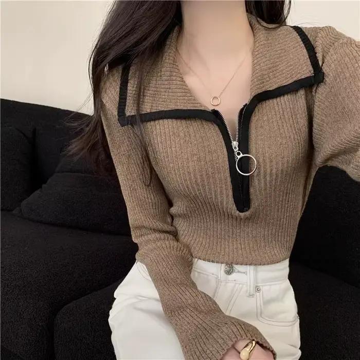 Pull en tricot acrylique et polyester avec fermeture éclair pour femmes style coréen vintage Y2K hiver automne sorties nocturnes ocassions spéciales